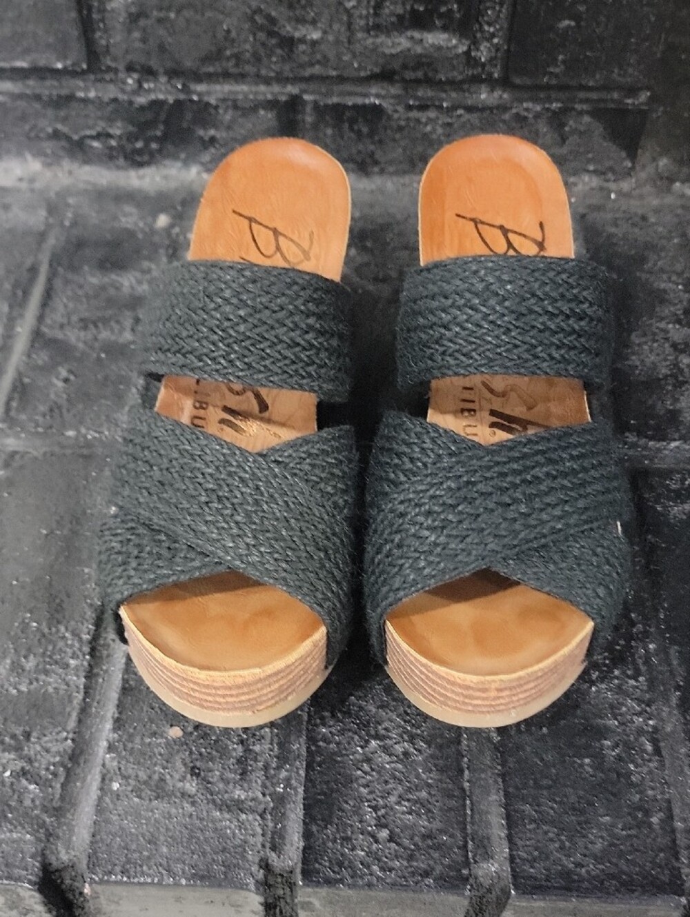 Black Woven Strap Wedge Sandals - Women's Slip-On - Picture 2 of 9